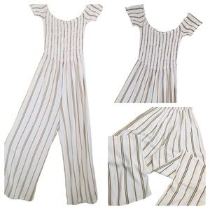 J for Justify - Wide Leg Off-The-Shoulder Rayon Striped Jumpsuit - M